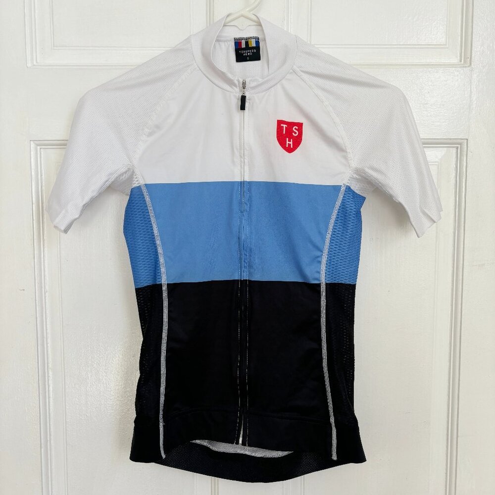 TenSpeed Hero Women's Cycling Kit Top Shirt Zip Black White Blue Sleeve Biking S